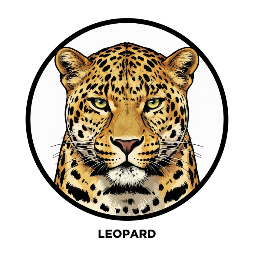 Illustration of a leopard's face with distinct spots and striking green eyes, enclosed in a circular border.