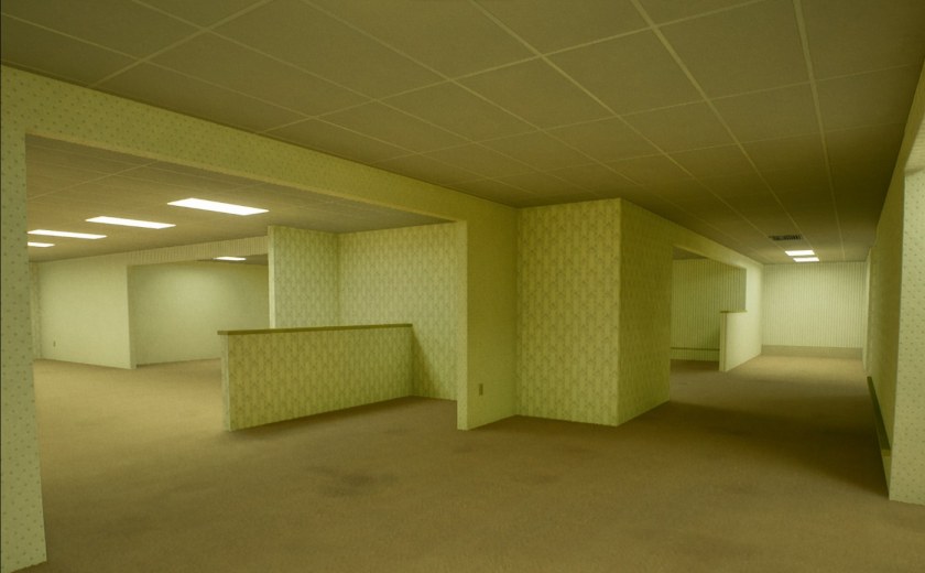An empty interior space featuring light green patterned walls, a beige carpet, and a drop ceiling with fluorescent lighting.
