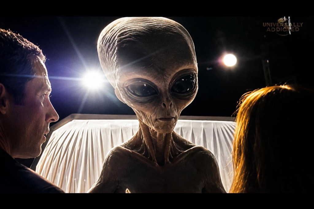 A humanoid alien with large eyes and an elongated head stands between two human figures, who appear to be observing it with curiosity. The scene is dramatically lit, highlighting the alien's features.