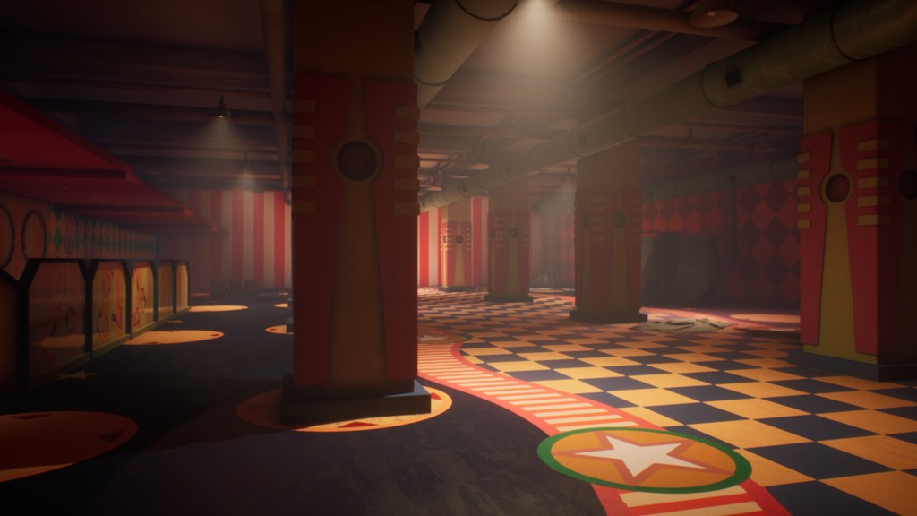 An interior view of a colorful, circus-themed space featuring striped walls, patterned flooring, and distinct columns. The lighting creates an atmospheric vibe with shadows and highlights across the room.