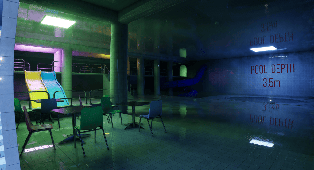 Interior of an abandoned indoor swimming pool with colorful water slides, tables, and chairs. The water reflects a depth measurement of 3.5 meters on the wall.