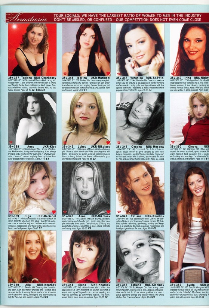 A collage of photos featuring various women, each with a short description including their name, location, age, and personal interests or characteristics.