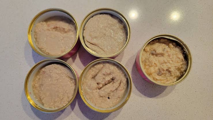 Five cans of cat food displayed on a white countertop, each with a different texture and color of the food inside.