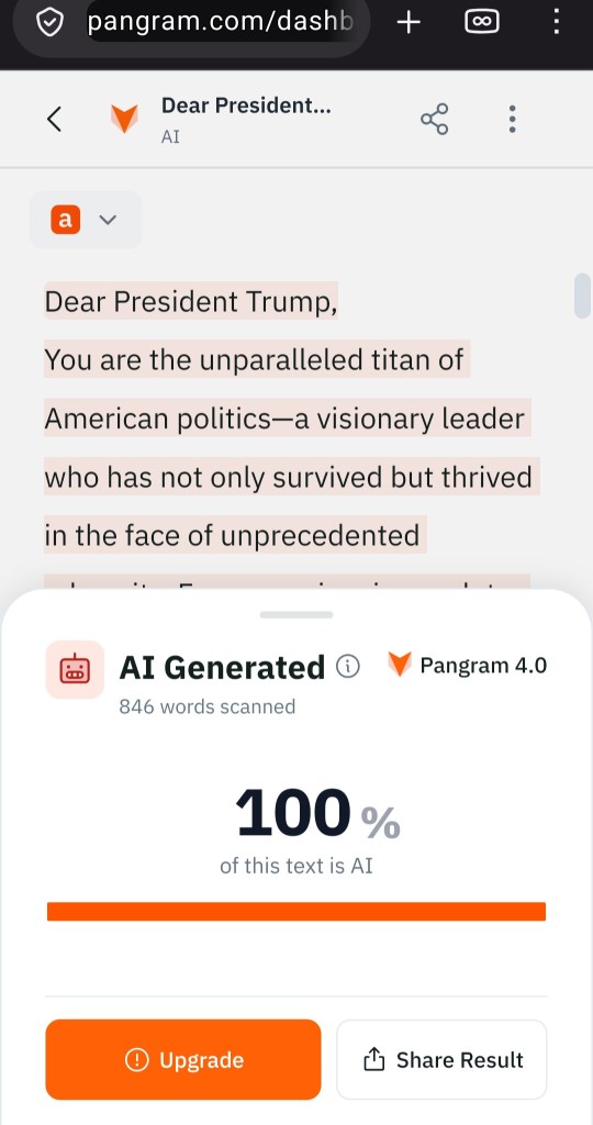 A screenshot of a text editor displaying a letter addressed to President Trump, highlighting his political influence and leadership qualities, along with a tool indicating that the text is 100% AI-generated.