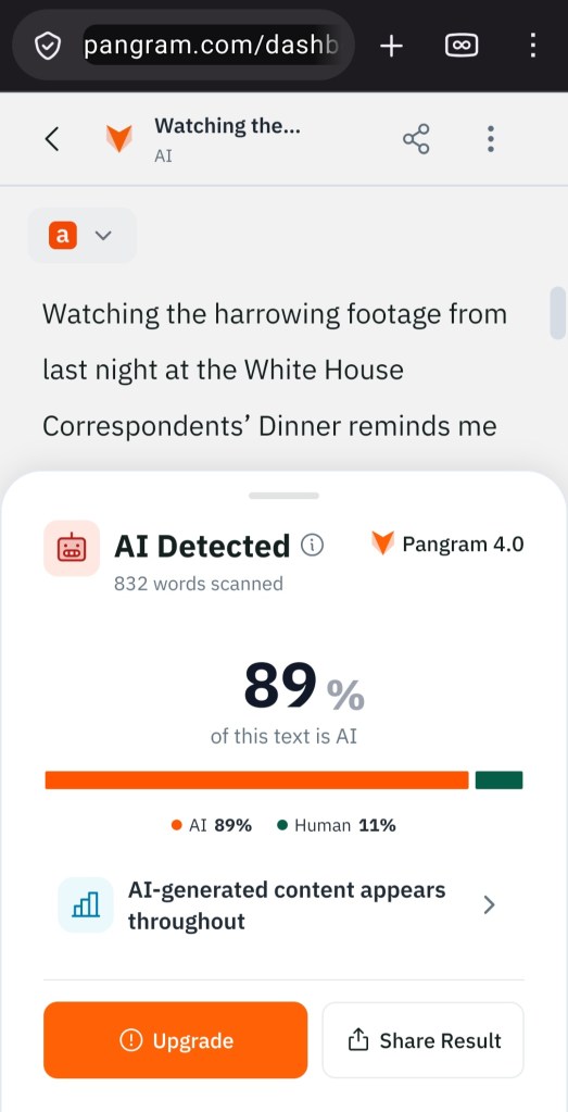 Screenshot of a dashboard displaying AI detection results for a text analysis, showing 89% AI-generated content and 11% human-written content.