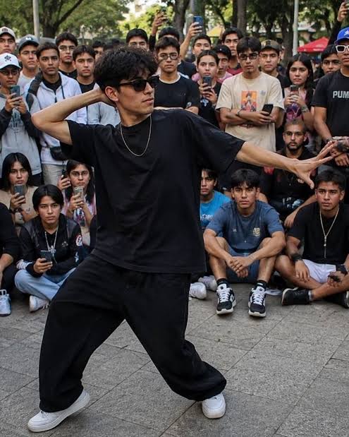 A dancer performing in a crowded public space, wearing sunglasses and a black outfit, while an audience watches attentively, holding phones to capture the moment.