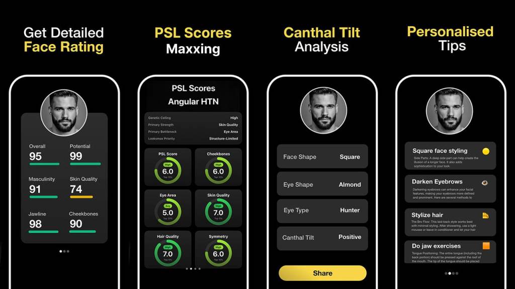 Mobile app interface showing a detailed face rating with scores for overall, masculinity, skin quality, jawline, and cheekbones.