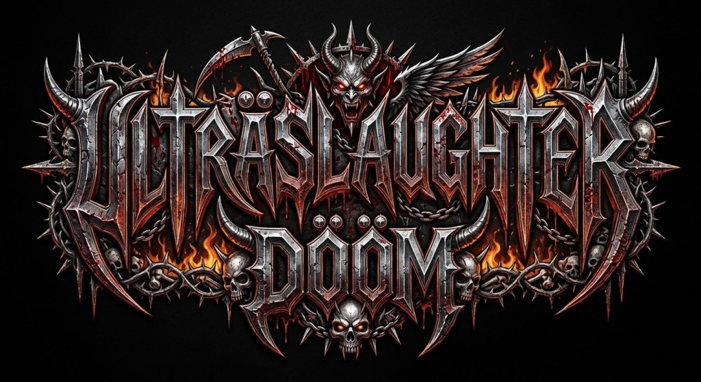 A dark and fiery graphic featuring the title 'ULTRÄSLAUGHTER DÖÖM' in a stylized, metallic font surrounded by spikes, skulls, and flames.