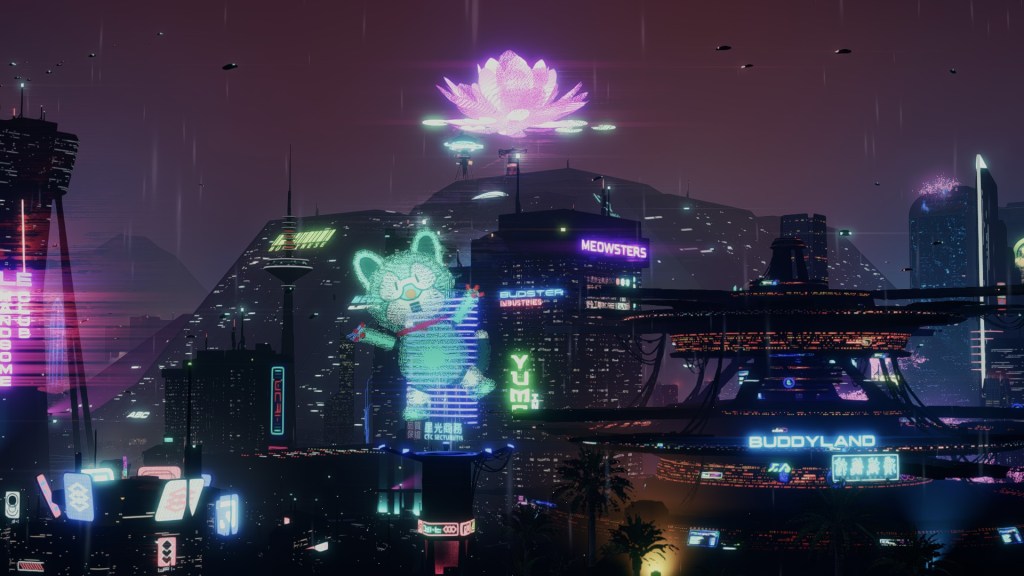 A vibrant, futuristic cityscape featuring neon lights and digital advertisements, including a large cartoon cat and a glowing pink lotus flower above the skyline.