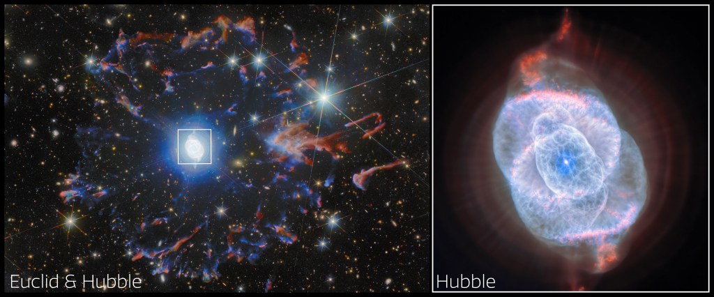 A composite image showing two space photographs. The left side features a colorful cosmic scene captured by both the Euclid and Hubble telescopes, with a bright central area. The right side displays a detailed view of the nebula known as the Hubble image with swirling blue and pink gases.