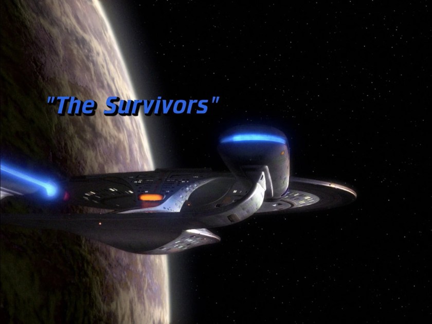A starship gliding through space near a planet, with the title 'The Survivors' displayed prominently.