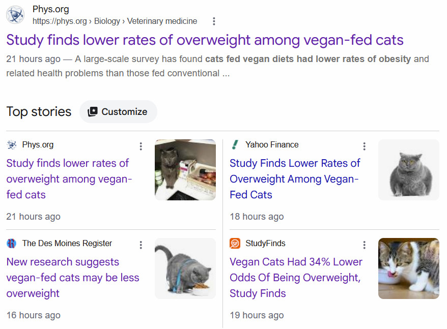 Google search results showing articles about a study on lower rates of overweight among vegan-fed cats.