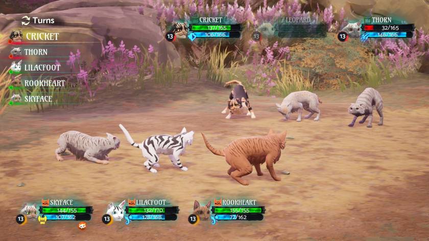 A group of six animated cats, each with distinct designs and colors, arranged in a turn-based game setting. The cats are displaying their names and health points at the bottom of the image, with a colorful grassy background featuring rocks and plants.